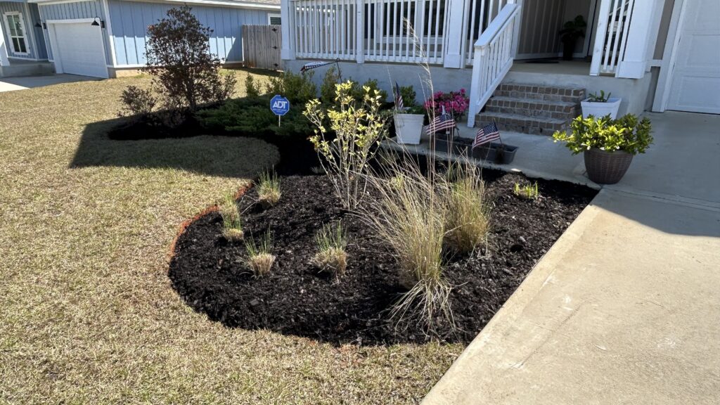 Clean garden bed with freshly installed mulch from Paradise Restored.